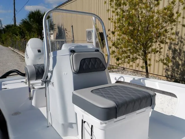 Slide: The Image of 2025 ALK2 17HS boat with cushioned seating, parked outdoors near a building. - 5
