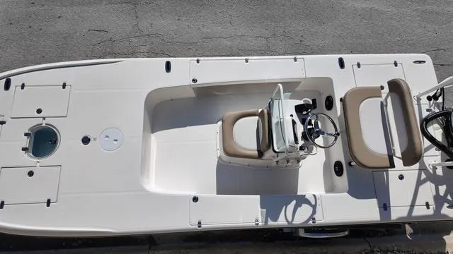 Slide: The Image of 2025 Spyder Boats FX19 Vapor, top view, showcasing sleek design and spacious deck layout. - 25