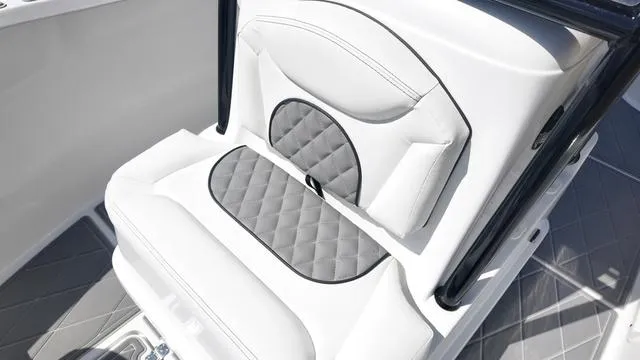 Slide: The Image of 2025 Polar 195 CC boat seat with quilted gray and white upholstery. - 28