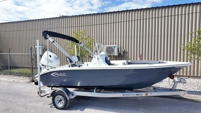 Slide: The Image of 2025 ALK2 18CRS boat on trailer, parked outdoors, with blue sky background. - 23