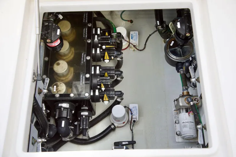 Slide: The Image of 2024 SeaVee 390Z engine compartment showcasing advanced mechanical components and systems. - 20