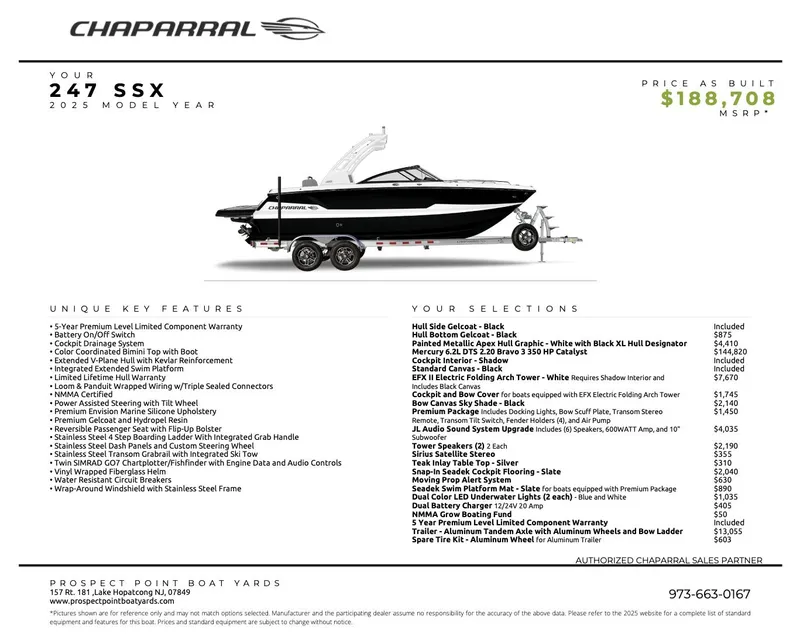 Slide: The Image of Chaparral 247 SSX 2025 model boat with trailer, priced at $188,708 MSRP. - 7
