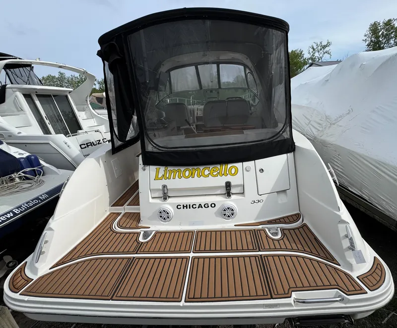 Slide: The Image of 2008 Sea Ray 330 Sundancer boat with "Limoncello" name, docked in Chicago. - 20