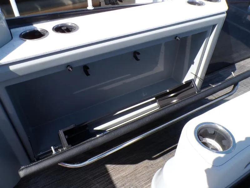 Slide: The Image of Interior view of 2025 Godfrey AquaPatio 255 SFL iMPACT boat storage compartment. - 6