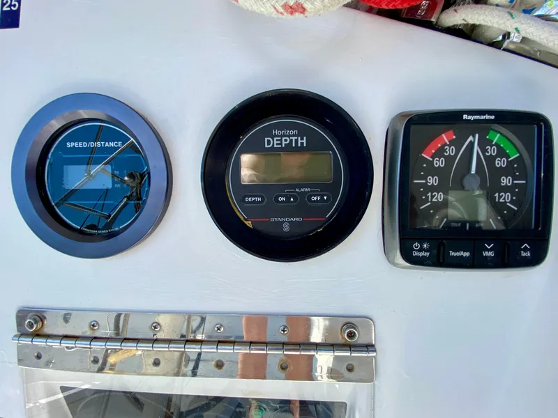 Slide: The Image of Instrumentation panel on a 1979 Valiant 37 sailboat, featuring speed, depth, and wind gauges. - 19