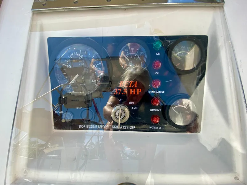Slide: The Image of Control panel of a 1979 Valiant 37 boat, featuring gauges and indicators. - 20