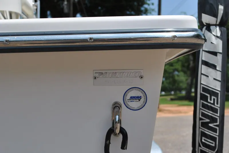 Slide: The Image of 2010 Pathfinder 2400 Tournament Edition boat, rear view with logo and hook. - 9