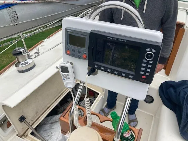Slide: The Image of Cockpit of 1986 Pearson 36-2 sailboat with navigation equipment and controls. - 2