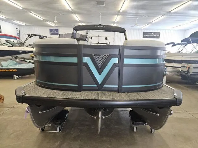 Slide: The Image of 2025 Viaggio LAGO Z 22S 3T pontoon boat in showroom, front view. - 5