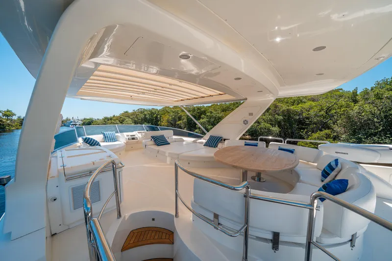 Slide: The Image of Luxurious 2010 Azimut 75 Fly yacht deck with elegant seating and scenic waterway view. - 12