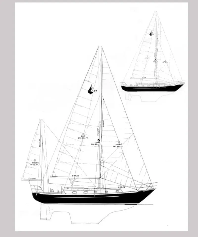 Slide: The Image of Blueprint of 1995 Pacific Seacraft Crealock 37 sailboat, detailed side view. - 43
