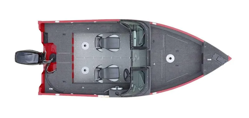 Slide: The Image of 2026 Lund 1650 Angler boat, top view, red exterior, dual seats, outboard motor. - 3