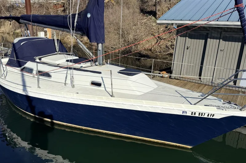 The Image of 1979 Ericson 30 Plus sailboat docked, featuring a blue hull and white deck. - 0