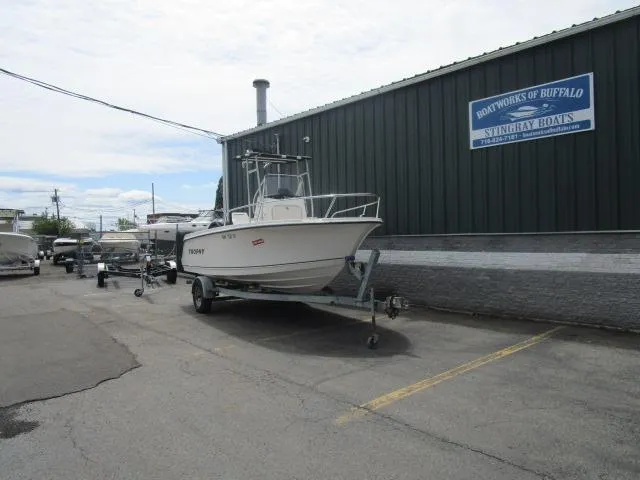 Slide: The Image of Boat on trailer outside Boatworks of Buffalo, Trophy 1903 CC, 2002 model. - 1