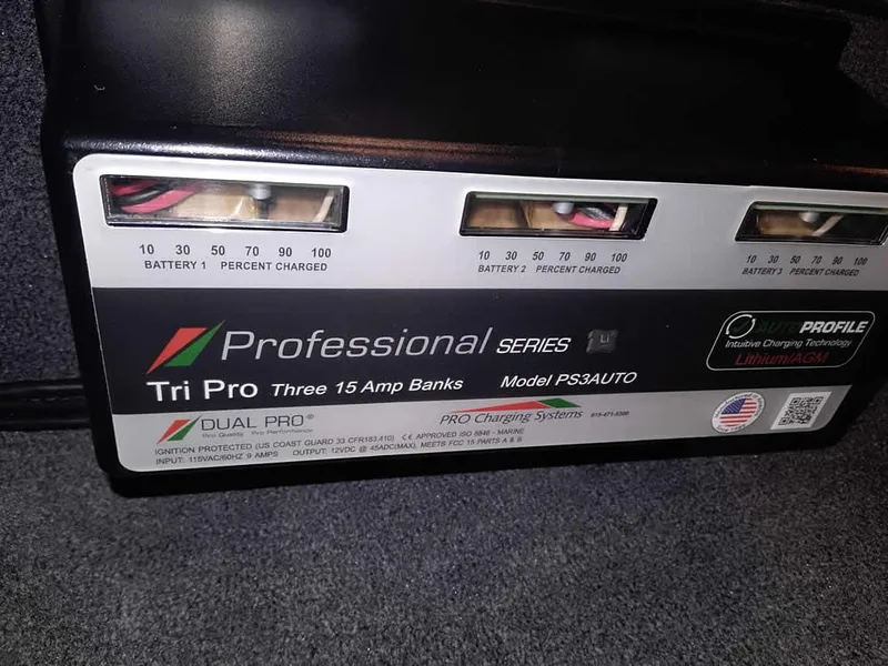 Slide: The Image of Professional Series Tri Pro battery charger, model PS3AUTO, in a 2024 Ranger 2080MS Angler. - 14