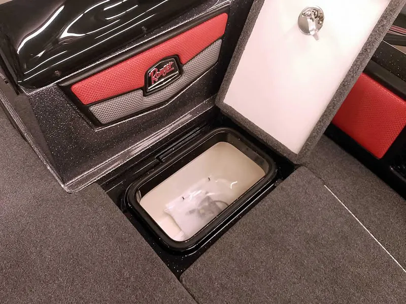 Slide: The Image of 2024 Ranger 2080MS Angler boat storage compartment with open hatch, showcasing interior design. - 17