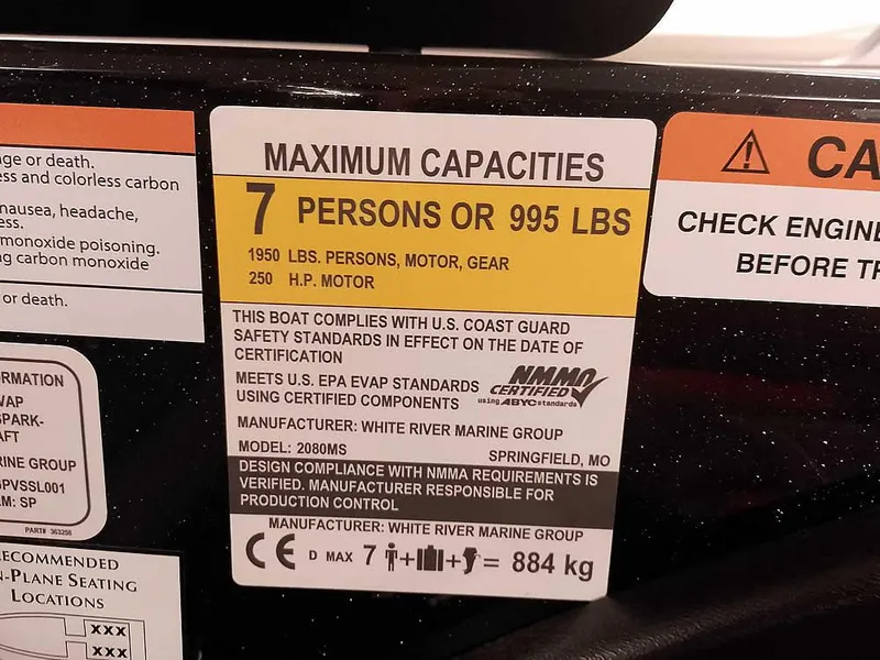 Slide: The Image of 2024 Ranger 2080MS Angler capacity label: 7 persons or 995 lbs, 250 HP motor. - 25