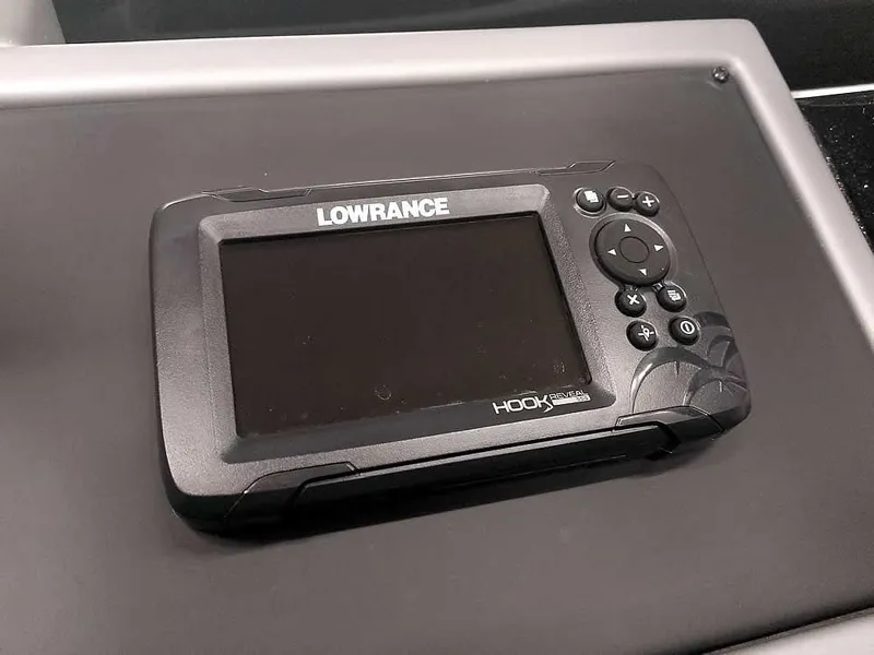 Slide: The Image of Lowrance Hook fish finder on 2024 Ranger 2080MS Angler boat dashboard. - 27
