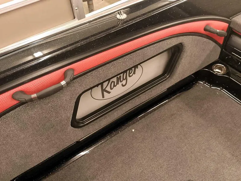 Slide: The Image of 2024 Ranger 2080MS Angler interior with red accents and Ranger logo. - 28