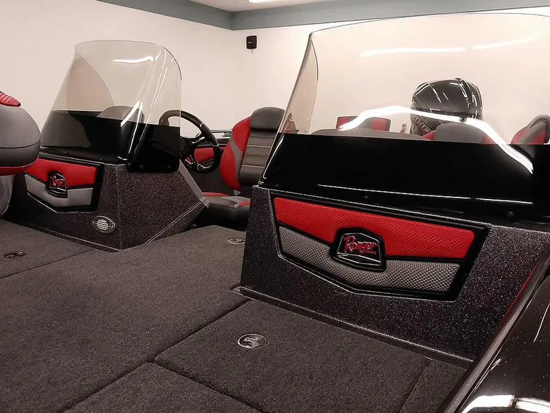 Slide: The Image of 2024 Ranger 2080MS Angler boat interior with dual windshields and red accents. - 7