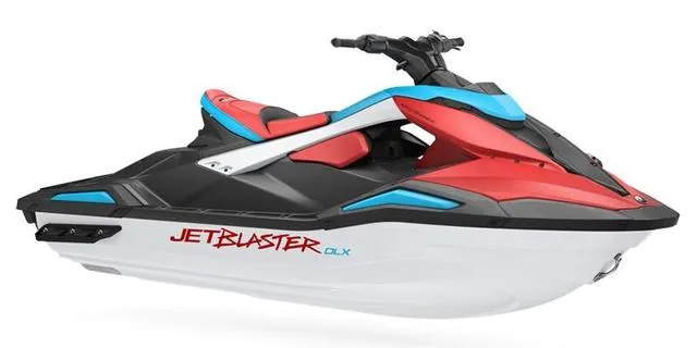 Slide: The Image of 2025 Yamaha WaveRunner JET BLASTER DLX 2 UP, red and blue design, side view. - 1