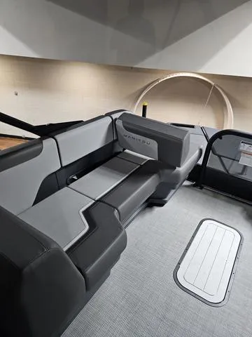 Slide: The Image of 2025 Manitou 20' Cruise Bench with 150HP Stealth Motor, sleek interior design. - 11