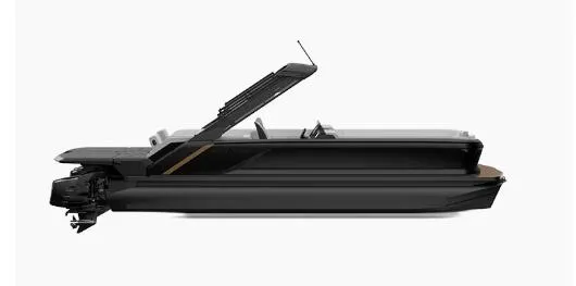 Slide: The Image of 2025 Manitou 24 EXPLORE DUAL MOTOR NAVIGATOR pontoon boat, side view, sleek black design. - 3