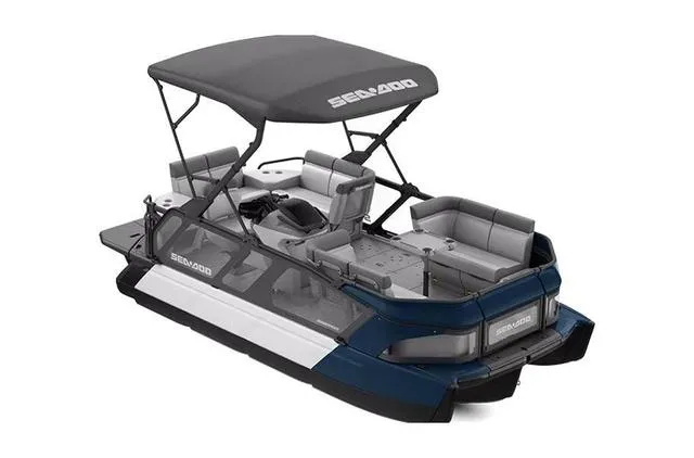 Slide: The Image of 2024 Sea-Doo Switch Cruise 18' pontoon boat with canopy and spacious seating. - 1