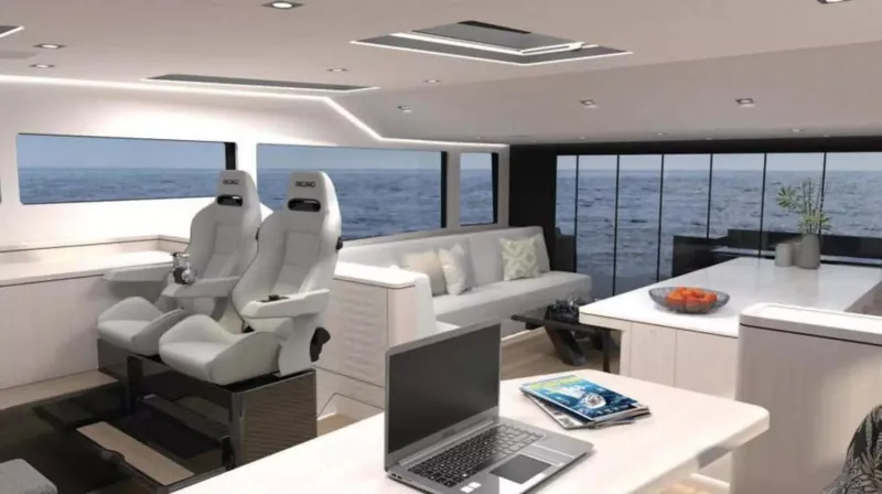 Slide: The Image of Luxurious interior of 2026 McConaghy MC63P Tourer yacht with modern seating and ocean view. - 12