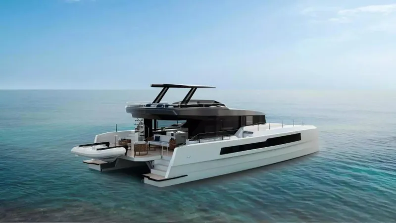 Slide: The Image of 2026 McConaghy MC63P Tourer yacht on calm ocean waters. - 2
