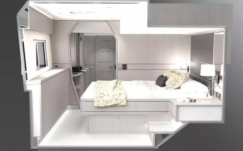 Slide: The Image of Luxurious interior of 2026 McConaghy MC63P Tourer yacht, featuring a modern bedroom design. - 22