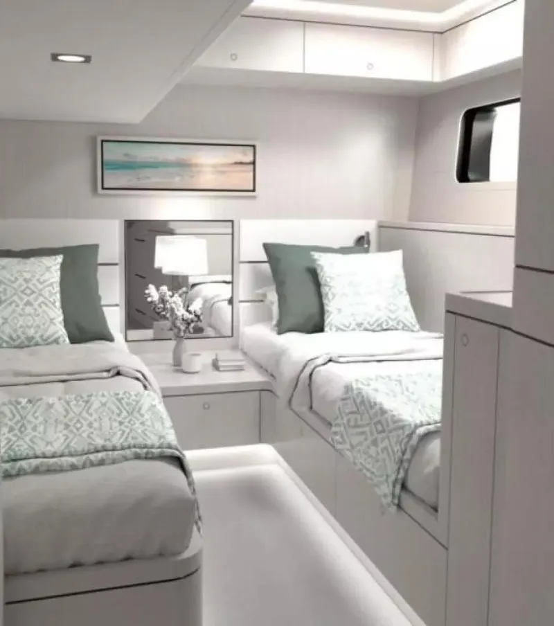 Slide: The Image of Luxurious 2026 McConaghy MC63P Tourer cabin with twin beds and elegant decor. - 25