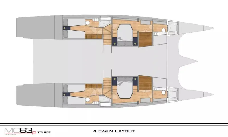 Slide: The Image of Layout of 2026 McConaghy MC63P Tourer, featuring four cabins and modern design. - 31