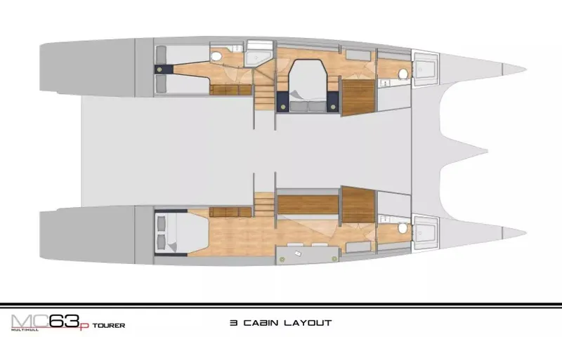Slide: The Image of Floor plan of 2026 McConaghy MC63P Tourer, featuring a three-cabin layout. - 32