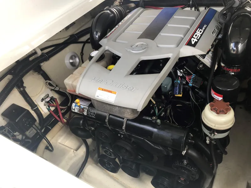 Slide: The Image of 2009 Formula 310 Bowrider I/O engine compartment with MerCruiser 496 engine. - 9