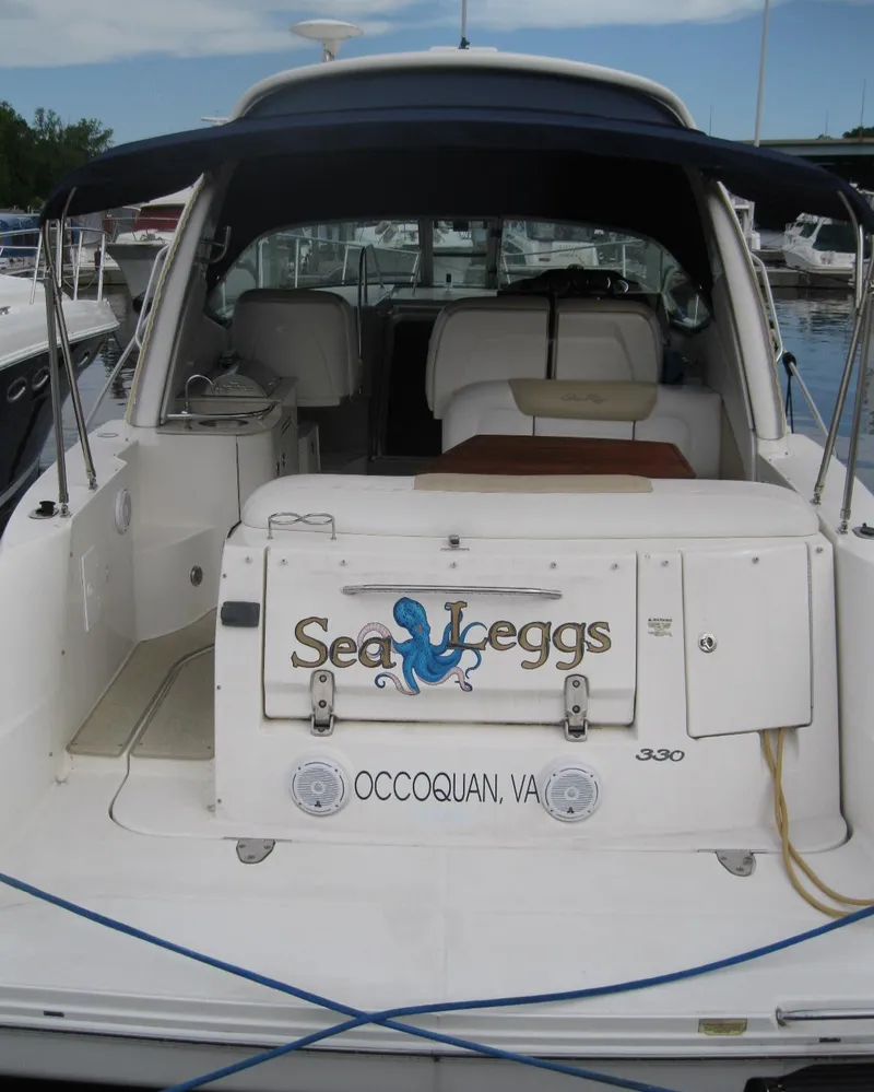 Slide: The Image of 2008 Sea Ray 330 Sundancer boat docked, named "Sea Leggs," located in Occoquan, VA. - 4