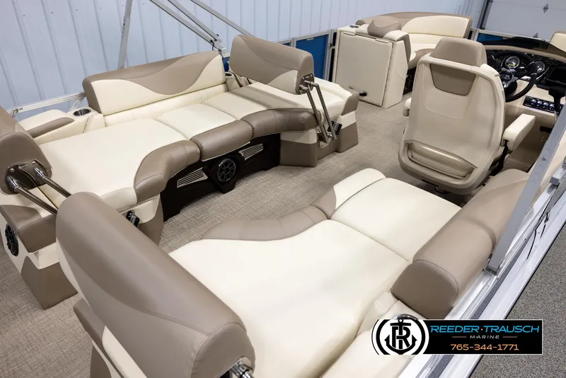 Slide: The Image of Luxurious interior of 2025 Avalon LSZ QLS pontoon boat with plush seating and modern design. - 12