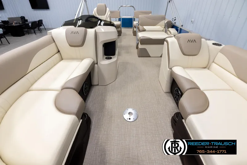 Slide: The Image of 2025 Avalon LSZ QLS boat interior with luxurious seating and modern design. - 13