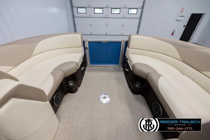 Slide: The Image of Interior of 2025 Avalon LSZ QLS pontoon boat with beige seating and modern design. - 18