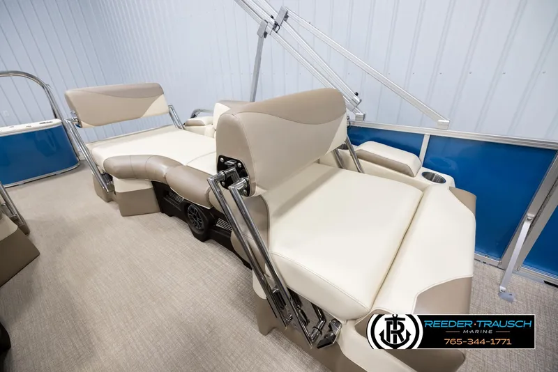 Slide: The Image of 2025 Avalon LSZ QLS boat interior with beige seating and modern design. - 21