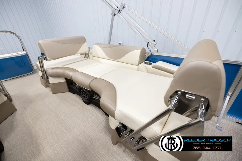 Slide: The Image of Luxurious seating on 2025 Avalon LSZ QLS pontoon boat, featuring beige and cream upholstery. - 22