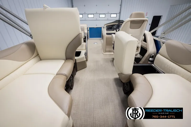 Slide: The Image of Luxurious interior of 2025 Avalon LSZ QLS pontoon boat with plush seating. - 28
