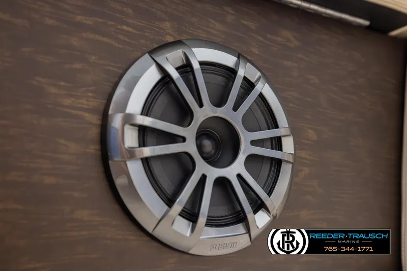 Slide: The Image of Close-up of a Fusion speaker in a 2025 Avalon LSZ QLS boat interior. - 45