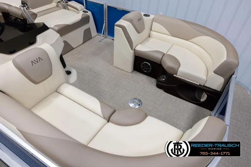 Slide: The Image of Luxurious seating in 2025 Avalon LSZ QLS pontoon boat, featuring beige and cream upholstery. - 9