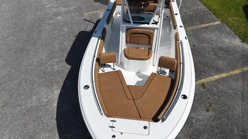 Slide: The Image of 2022 Sea Hunt 229 ULTRA boat with brown seating, aerial view. - 6