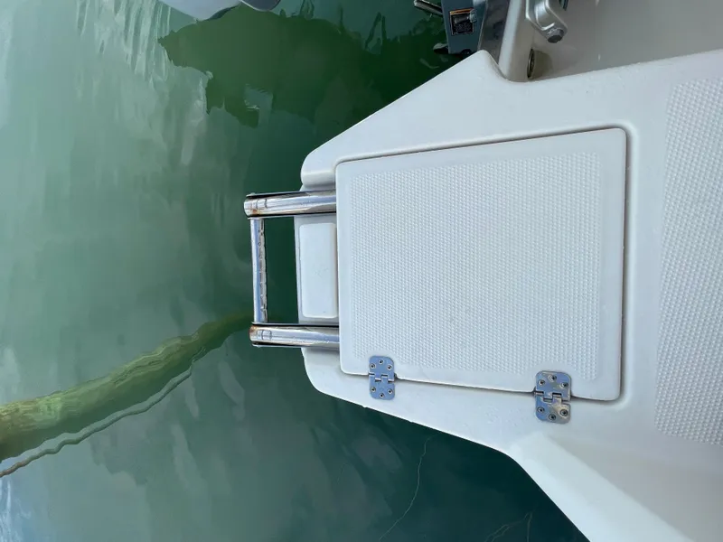 Slide: The Image of 2021 Sailfish 276 DC swim platform with ladder, docked on calm water. - 18