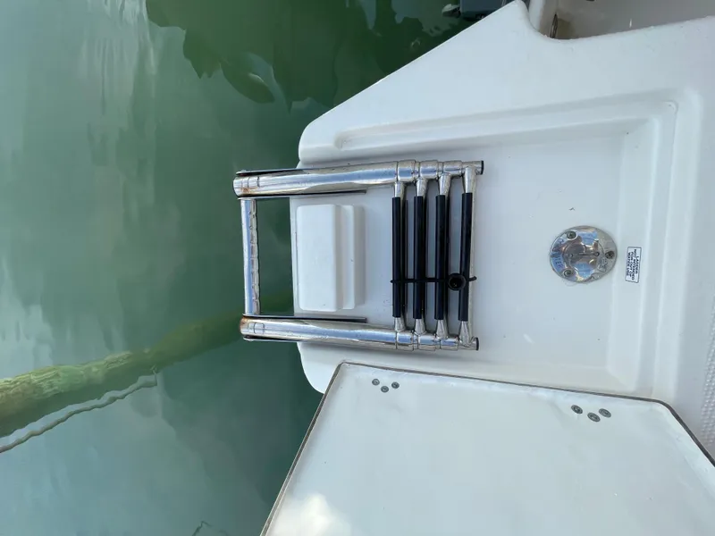 Slide: The Image of Sailfish 276 DC 2021 boat ladder on deck, near calm water. - 19