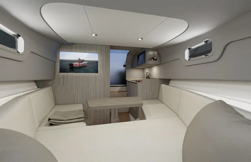 Slide: The Image of Luxurious interior of 2025 Oryx 32 FX yacht with modern seating and elegant design. - 6