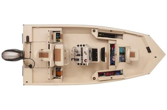 Slide: The Image of 2023 G3 BAY 18T GX boat deck with storage compartments and trailer. - 7