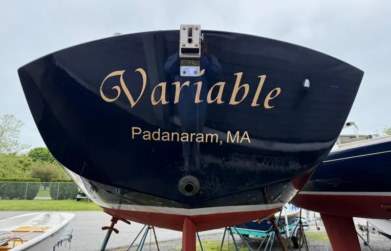 Slide: The Image of Alerion Express 28 sailboat, named "Variable," docked in Padanaram, MA, 1997 model. - 2